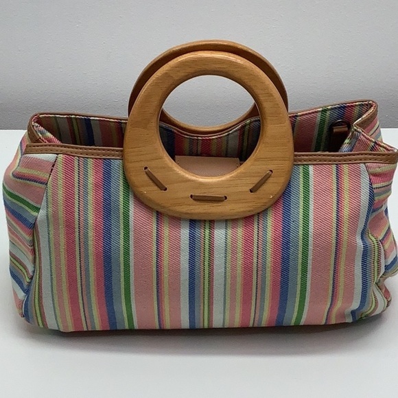 Fossil striped clothe handbag with wood handles Preowned - Picture 5 of 9